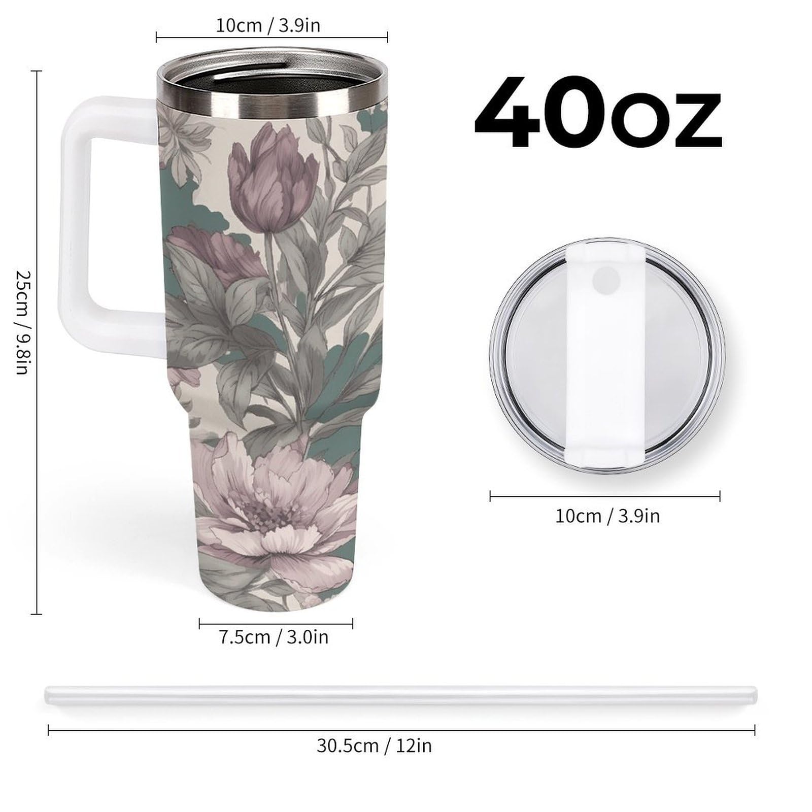 Violette Blumen-Tassen mit Strohhalm und Griff, doppelwandig, Vakuumisolierung, Wasserflaschen für Eiskaffee, Tee, heiße und kalte Getränke