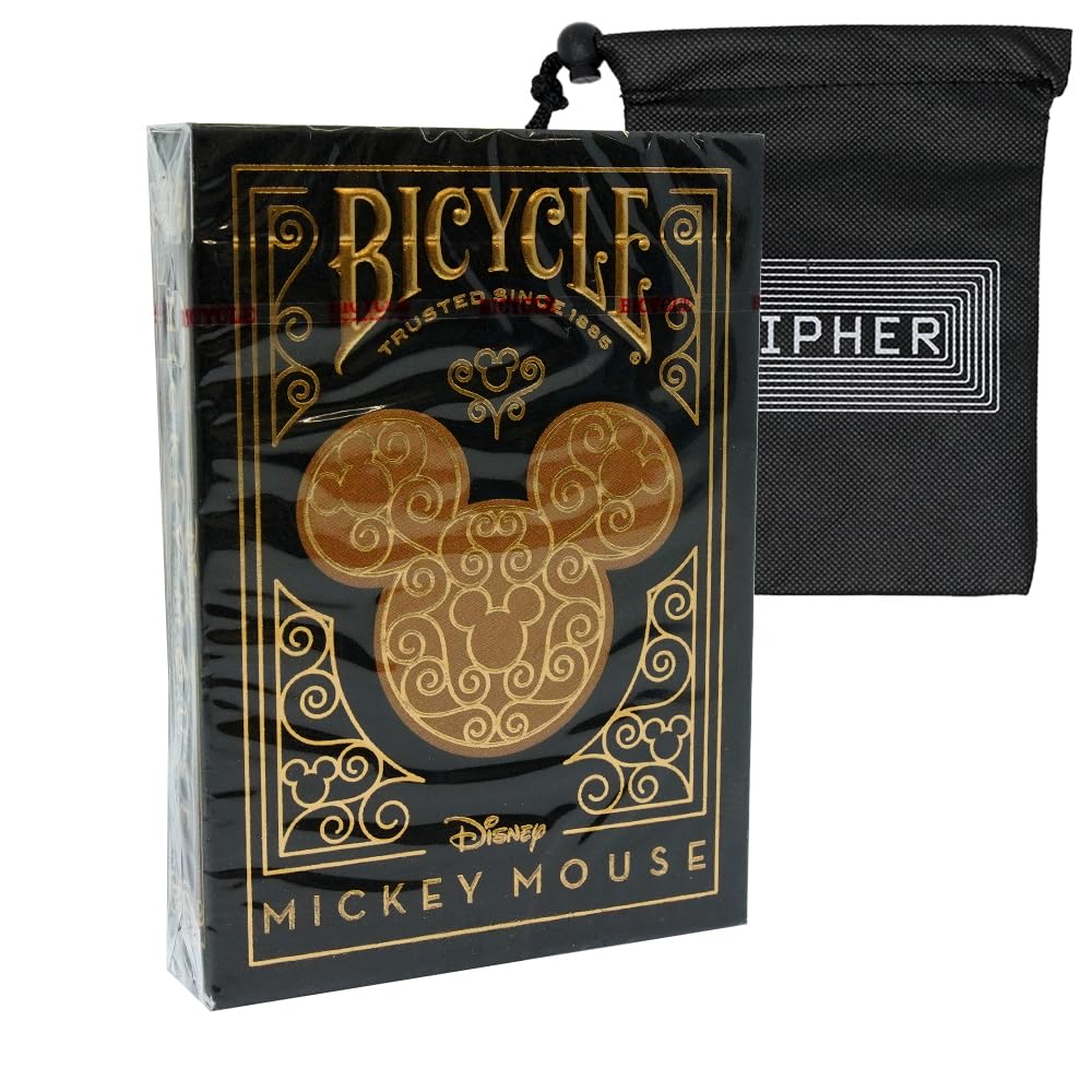 Black and Gold Bicycle Disney Mickey Mouse Playing Cards - Premium Poker Sized Deck - Includes Cipher Card Bag