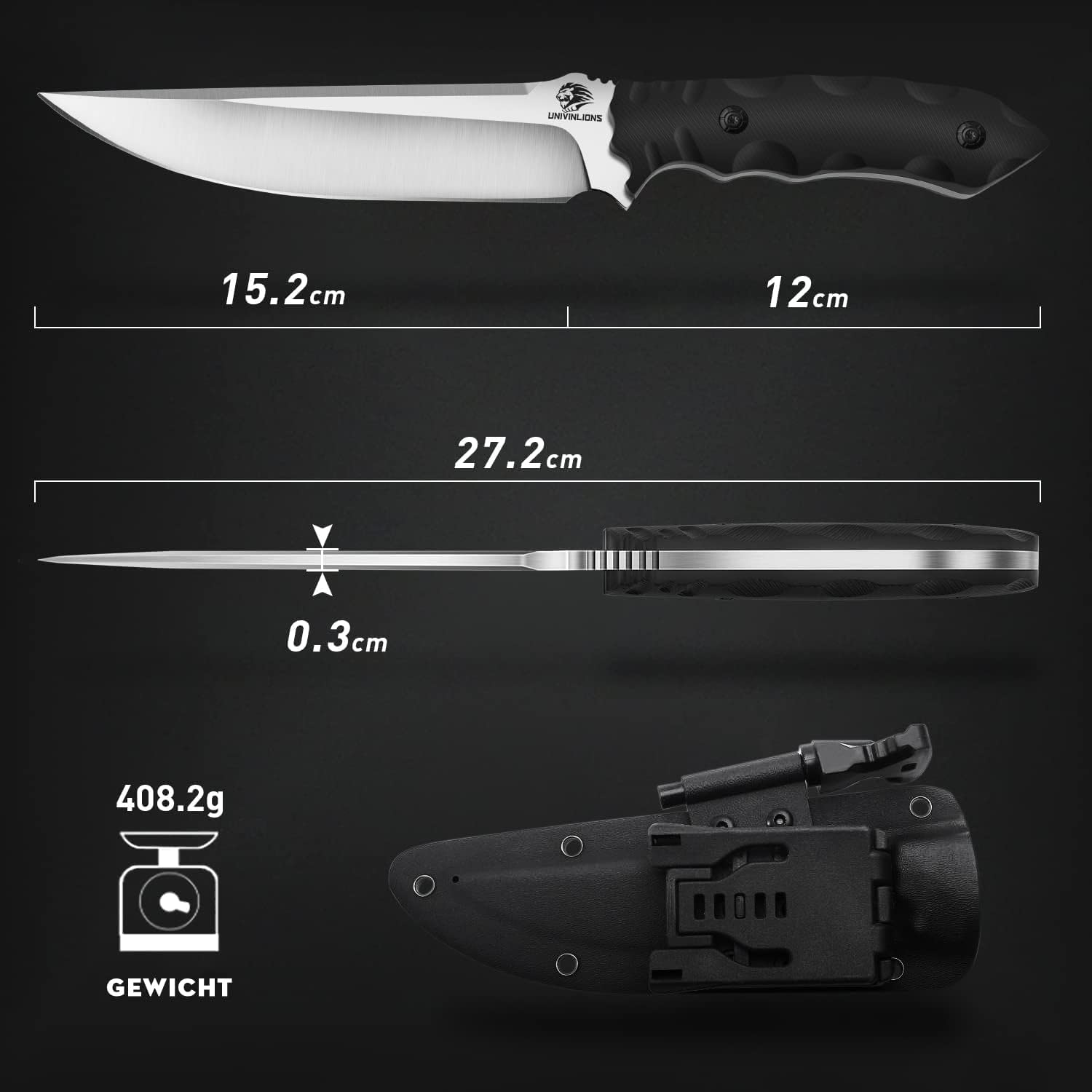 Survival Messer Outdoor-Jagdmesser mit Feststehender Klinge,Bushcraft Messer mit Scheide und Feuerstahl D2 Stahl, Full Tang K10 Griff Outdoor Messer zum Wandern Bushcraft BBQ