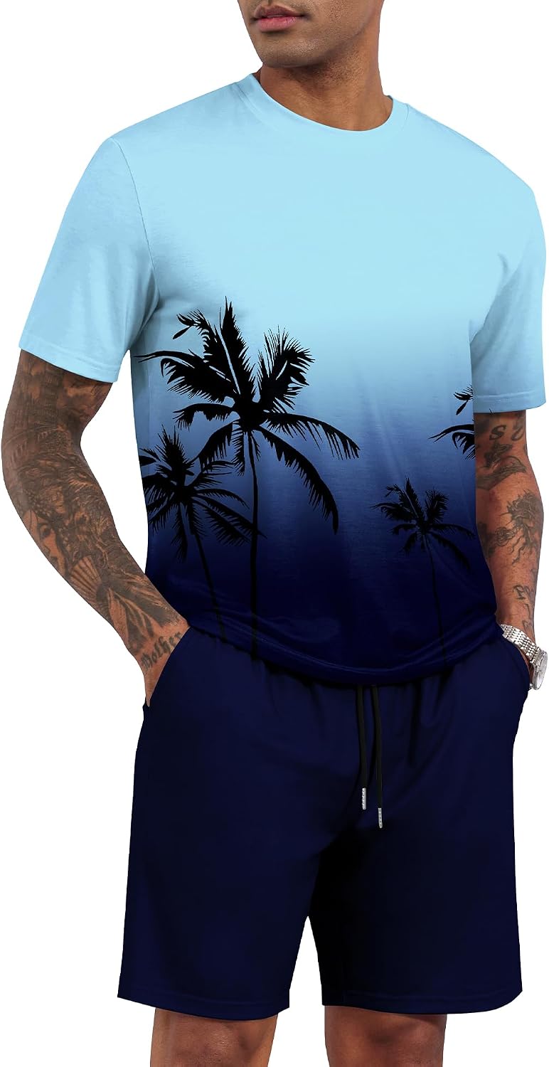LecGee Men's 2 Piece Short Sleeve Tracksuit Tropical Graphic T Shirt Hawaiian Tee Solid Shorts Set Summer Casual Outfits