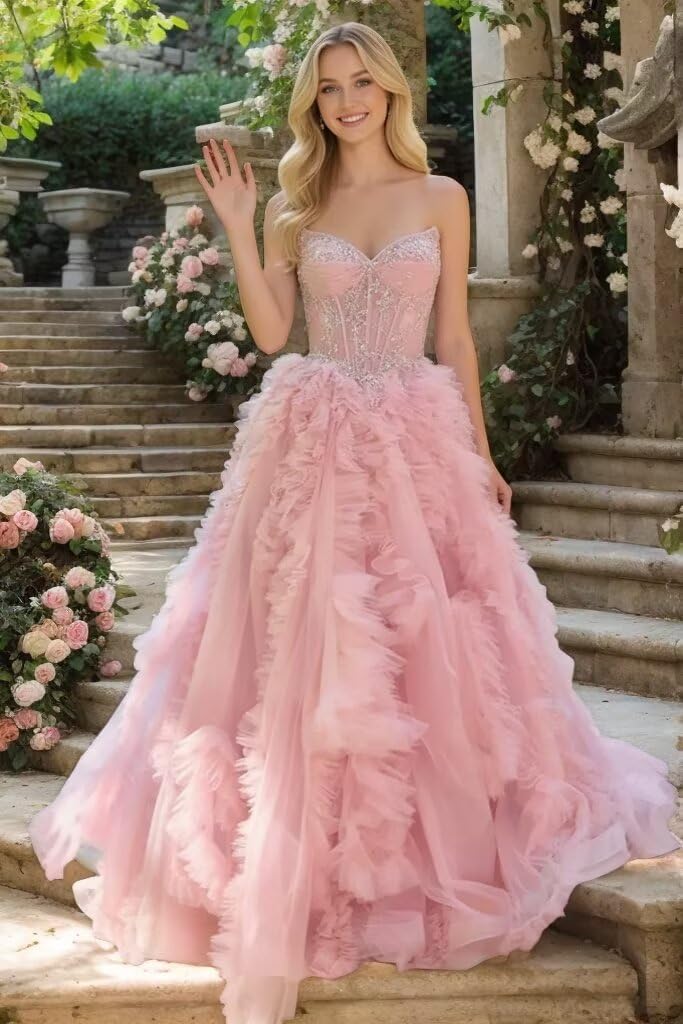 Puffy Layered Tulle Prom Dress Strapless Laces Ball Gown Sweetheart Formal Evening Party Dresses with Beaded