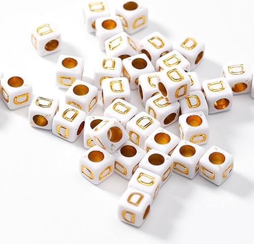 Miniatura 9 de Ludthaw 100 cuentas de letras en forma de cubo blanco, cuentas acrílicas del alfabeto, cuentas cuadradas doradas de la letra M para hacer joyas,