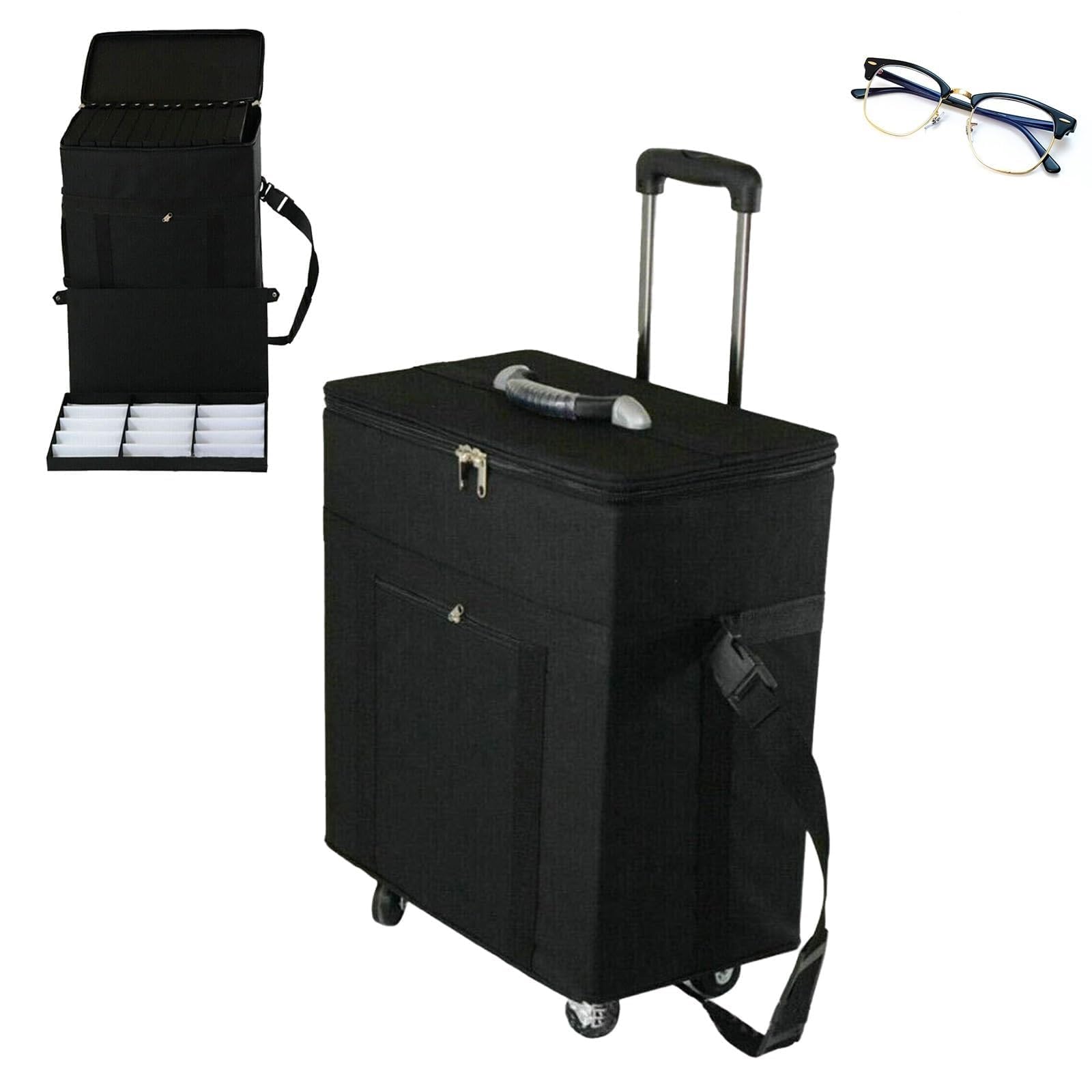 Trolley de rangement de lunettes pour voyage, 180 casiers et roues, tissu Oxford, étui organisateur de lunettes de soleil portable, valise de présentation avec tige extensible