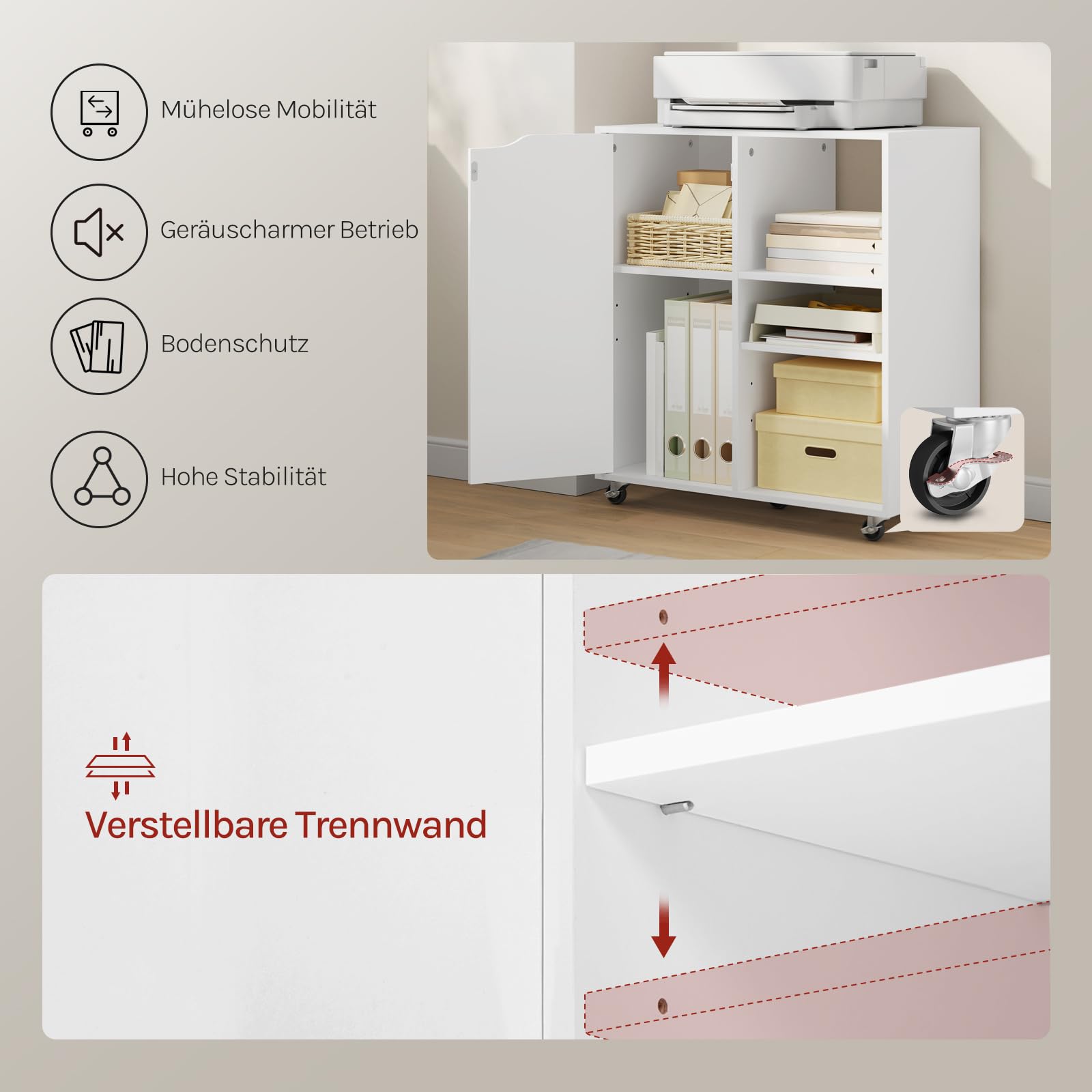 WOLTU Aktenschrank mit Rollen, Druckertisch mit 3 offenen Fächern, 1 Tür, verstellbaren Ablagen, für Zuhause und Büro, 60x70x35 cm, Weiß
