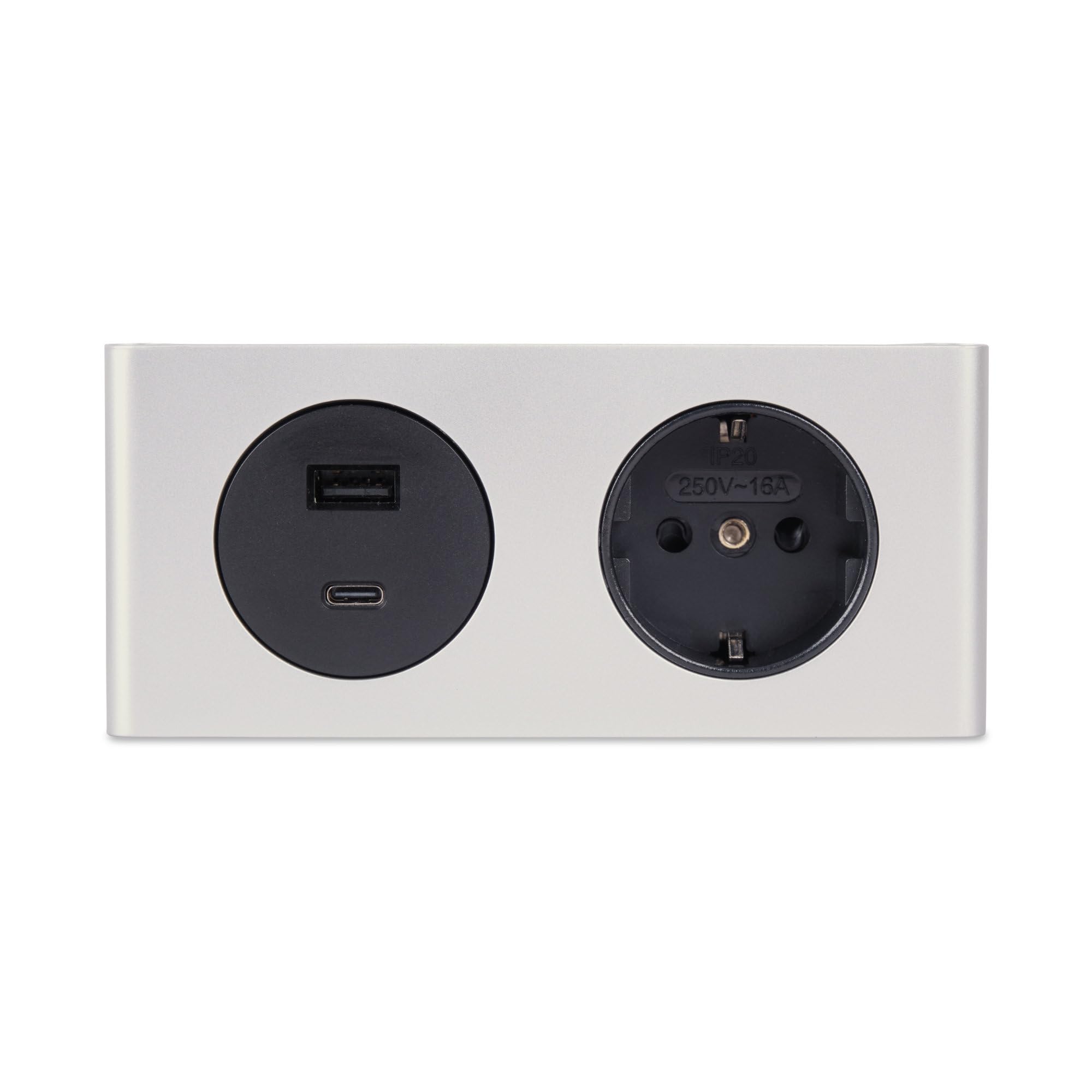 kalb | Möbel-USB-Powerbox, Unterbaumontage, 230V Steckdose, USB-A und USB-C Anschluss, 140x46x62,5 mm, Silber - Ladestation für Elektrogeräte