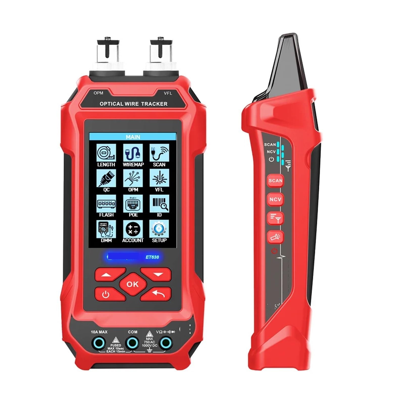 Tester per cavi di rete, Tester for cavi di rete 4 in 1 Misuratore potenza in fibra ottica multifunzione Localizzatore visivo guasti Monitoraggio della linea LAN senza rumore(ET638)