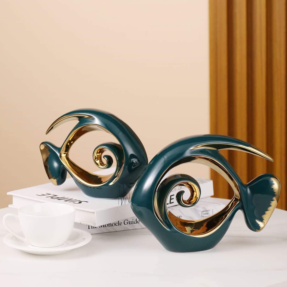 Figuras de peces de cerámica dorada verde - Decoración costera para el hogar, centros de mesa oceánicos modernos para el salón, la oficina, la casa de la playa, la entrada, la exhibición del estante