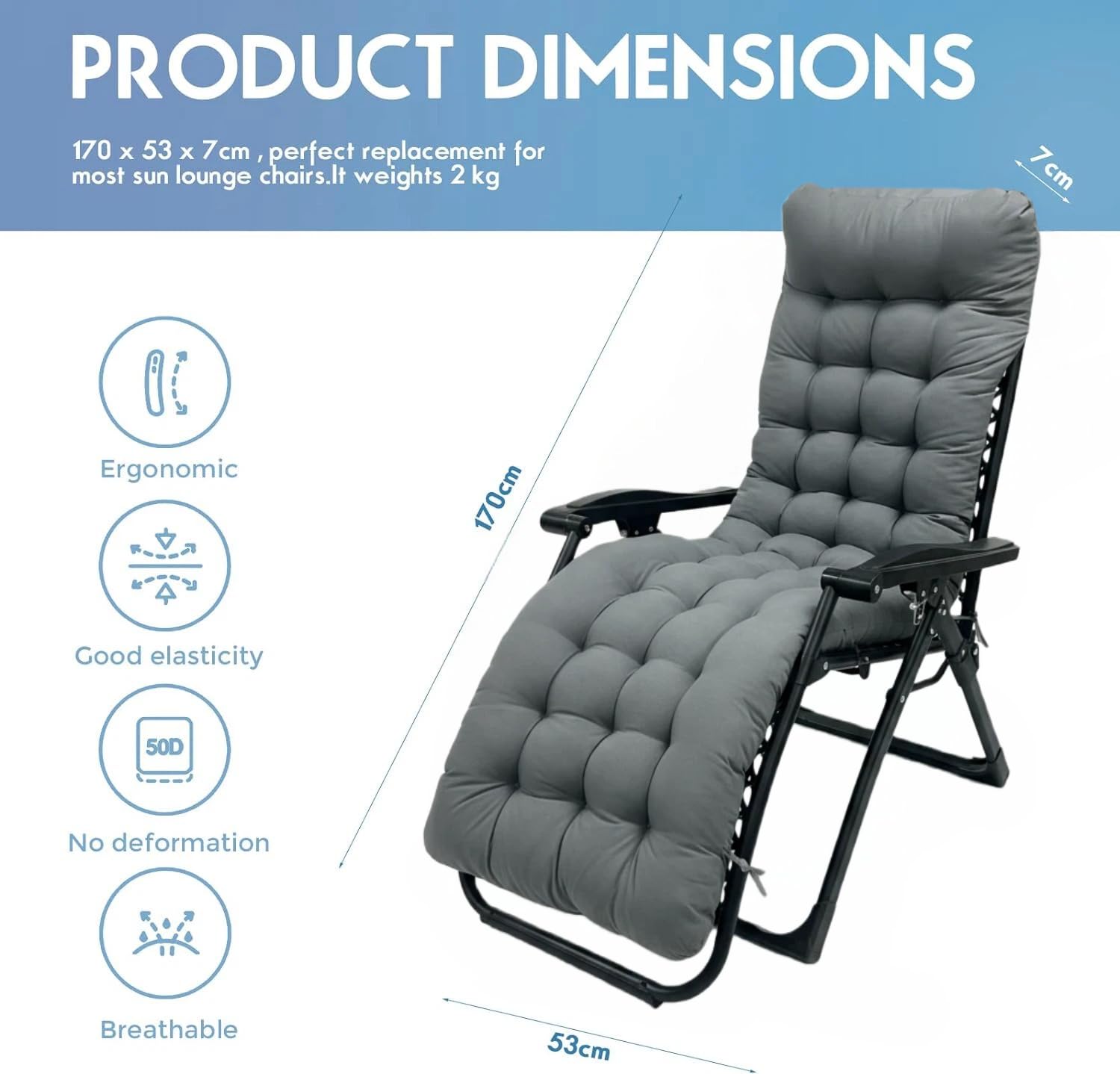 Liegenauflage, Auflage Gartenliege 170x53x7 cm, Auflagen für Deckchair, Polsterauflage für Sonnenliege, Auflage Polster für Gartenmöbel mit Einstellband (Dark Grey)