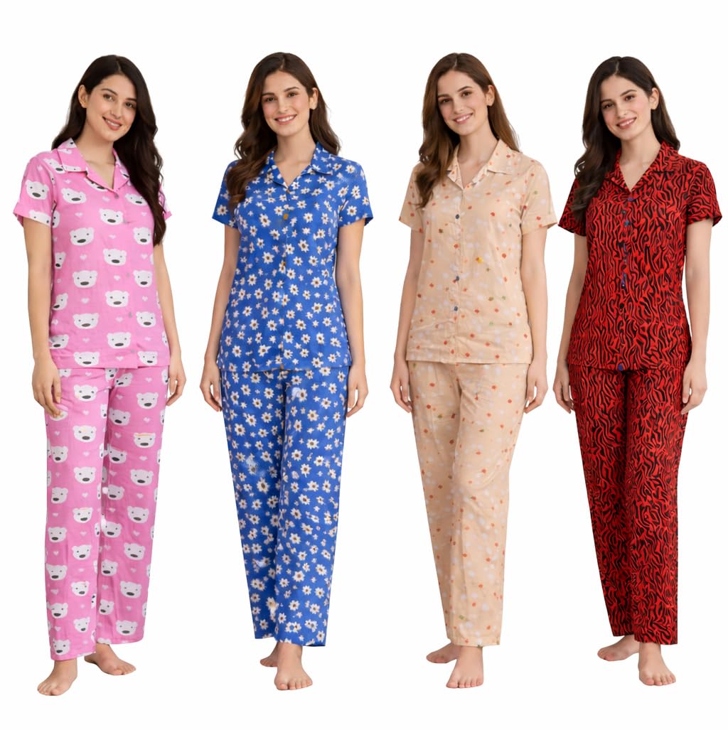 Women's Printed Night Suit Coord Set, Short Sleeve Top and Pajama Set, Comfortable Sleepwear (Multi, S) Multicolour-image-33