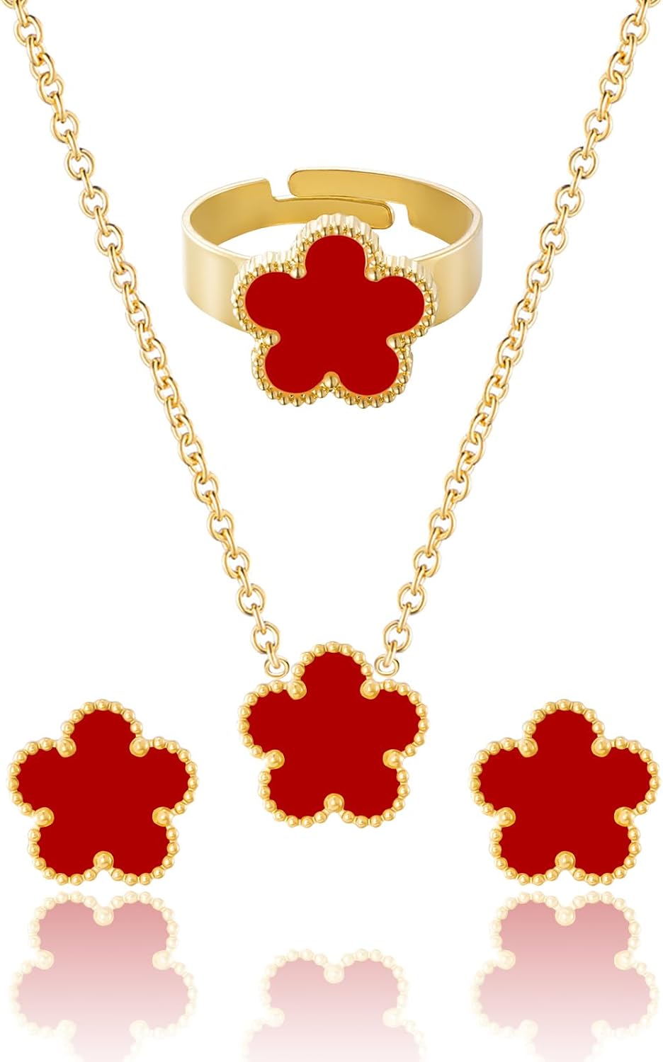 Gold Plated Five Leaf Clover Necklace Rings and Stud Earrings Set for Women Lucky Flower Jewelry