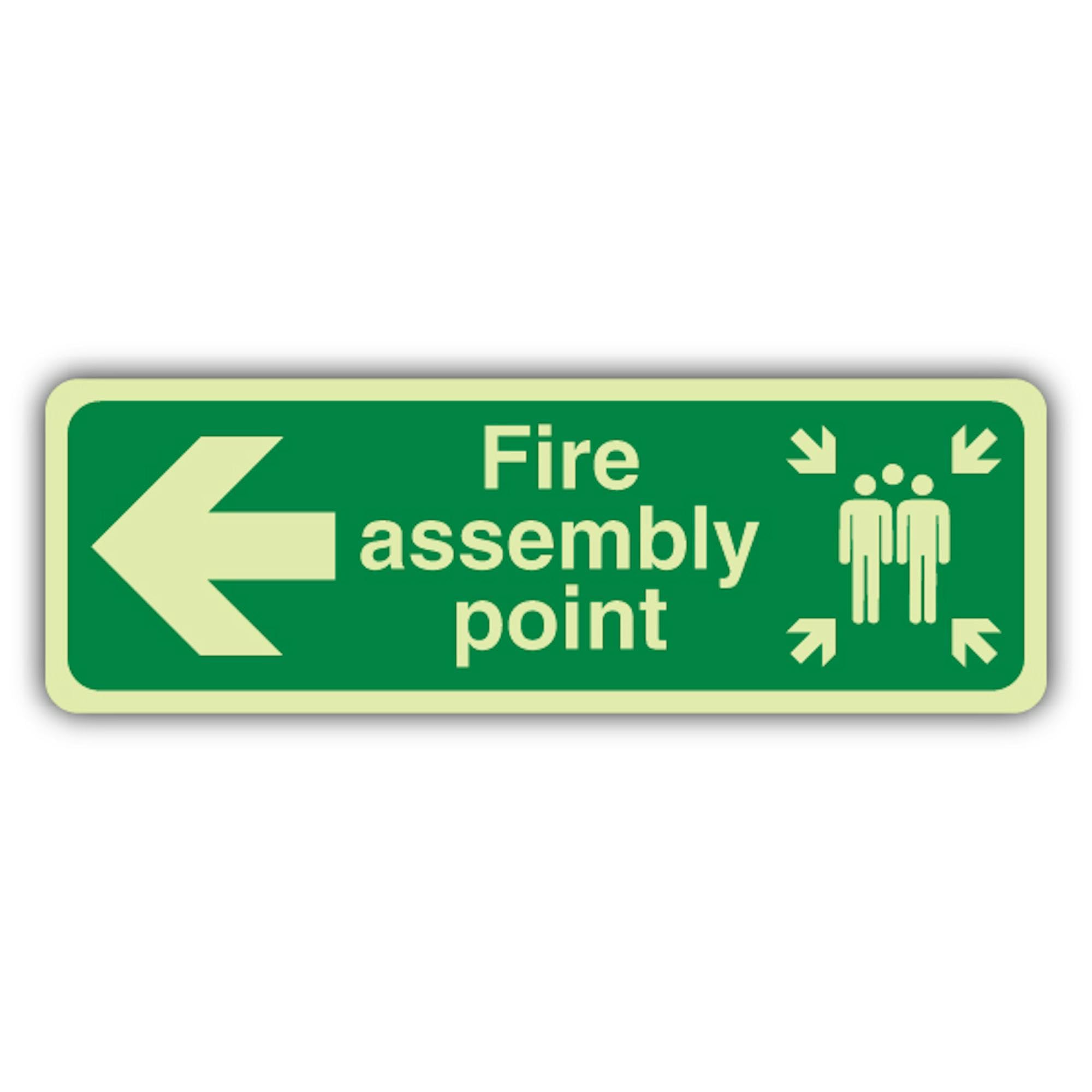 V Safety - Señal de flecha izquierda que brilla en la oscuridad con punta de montaje en el fuego, formato delgado, 750 x 250 mm, vinilo autoadhesivo de triple brillo, señalización de seguridad contra
