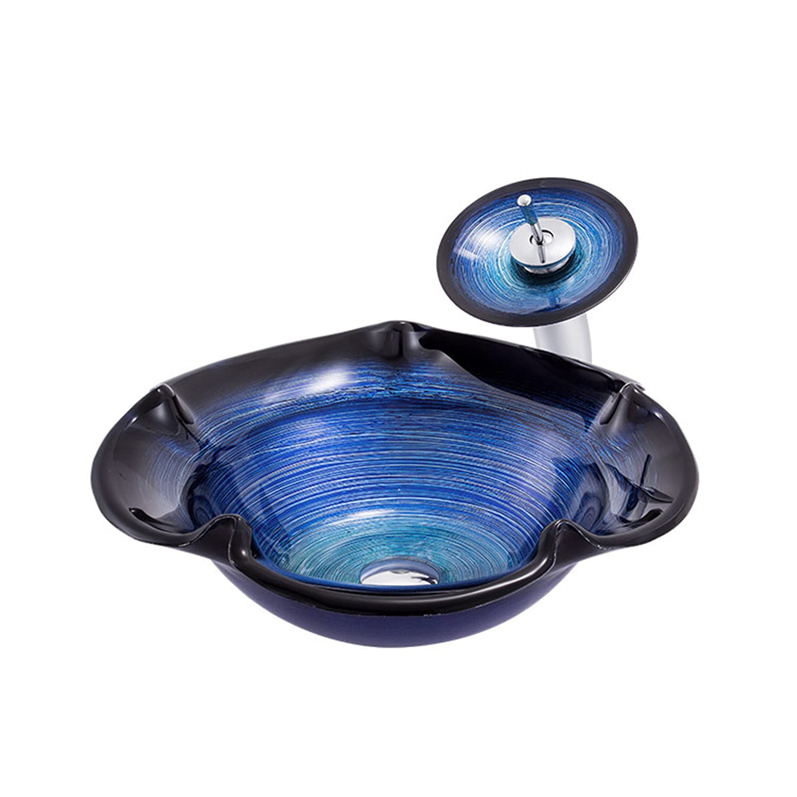 ASerZenith Bathroom Vessel Sink, Tempered Glass Vessel Round Bathroom Sink Modern Artistic Vanity Sinks With Pop Up Drain And Waterfall Faucet