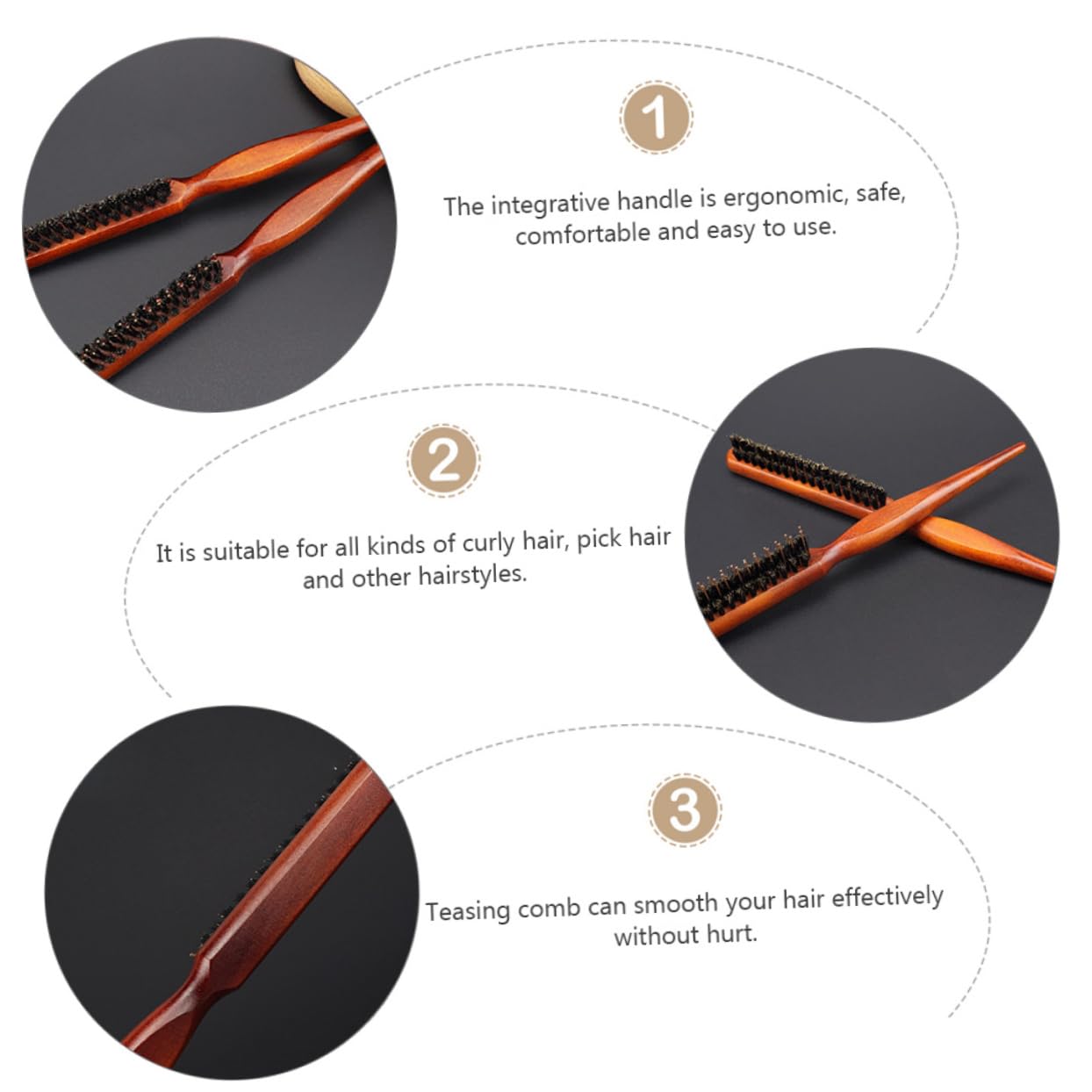 AUTSUPPL 1pc Curly Hair Comb Natural Wooden Bristle Hair Brush with Ergonomic Handle for Teasing and Styling and Massaging Scalp - Image 2