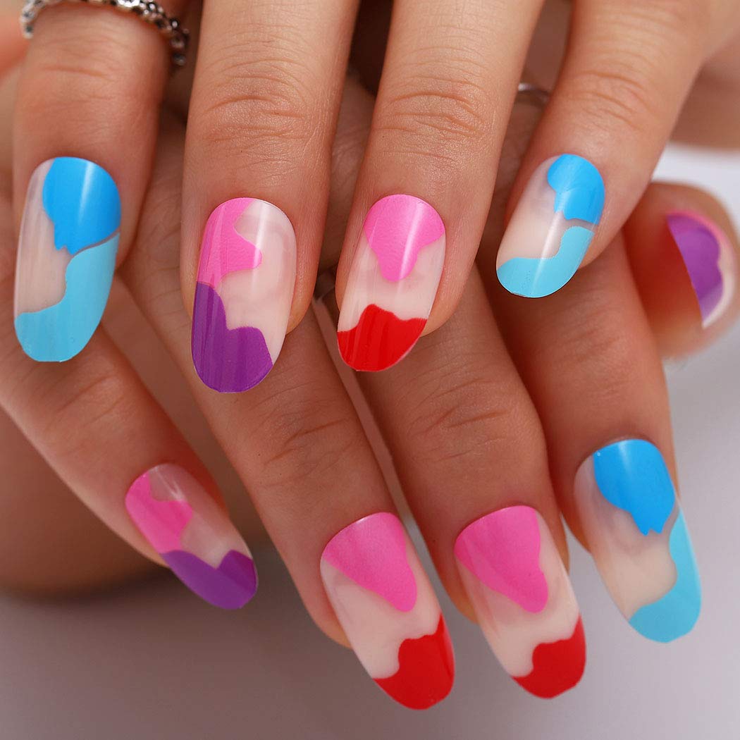 Amazon.com: Bmadge Glossy Oval Press on Nails Color Short French False Nails  Almond Graffiti Cute Easter Party Festival Artificial Fake Nails Full Cover  for Women and Girls 24Pcs (Style F)