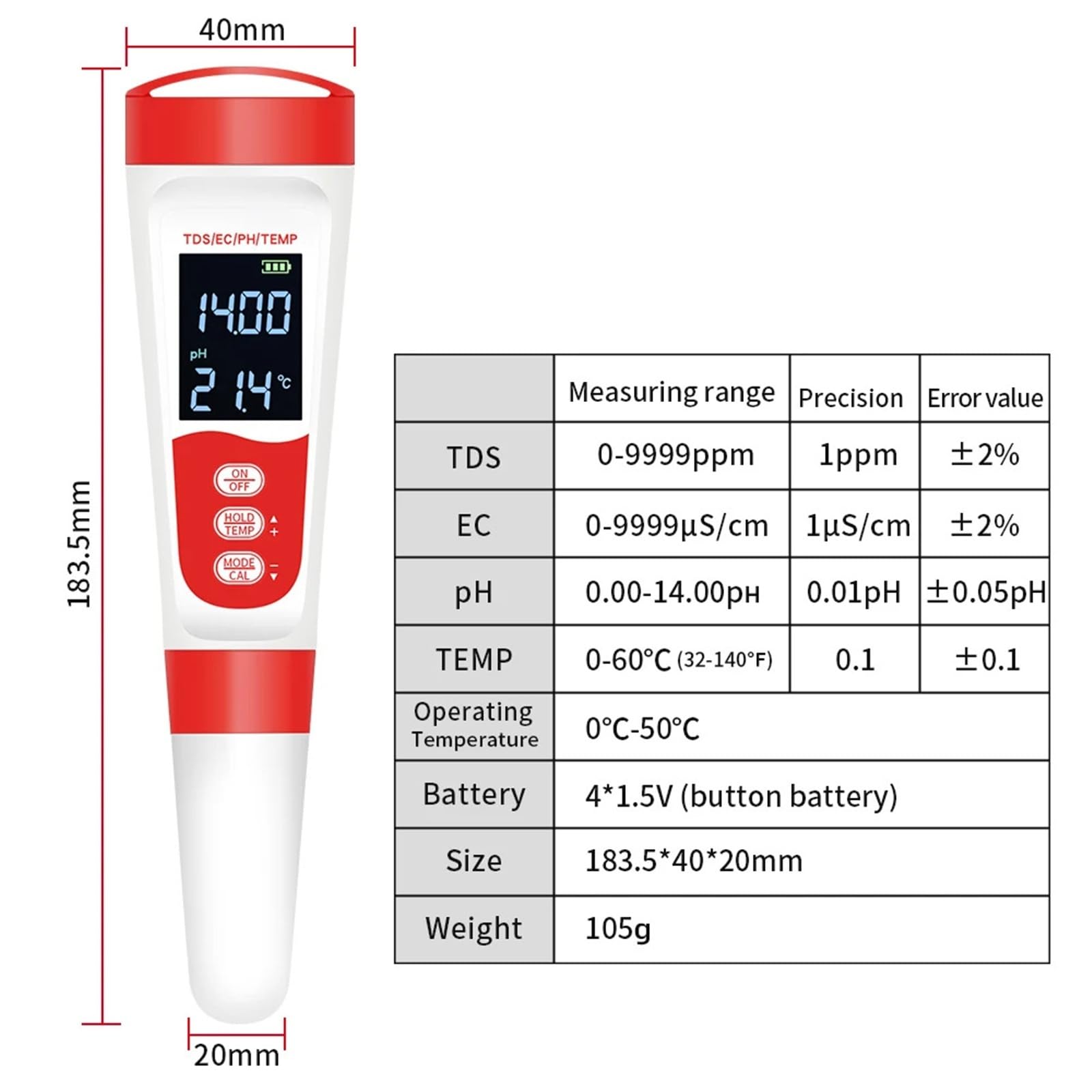 Testeur d'eau numérique, Testeur de pH numérique 4 en 1, température, TDS, EC, pH, étanche, for la qualité de l'eau, la pureté de l'eau, for piscines, aquaculture
