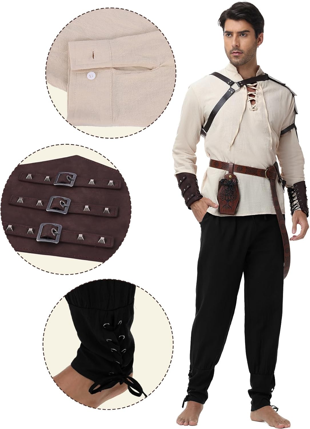 Renaissance Medieval Costume for Men - 8 Pcs Pirate Outfit Set, Halloween Costume with Viking Belt - Image 3