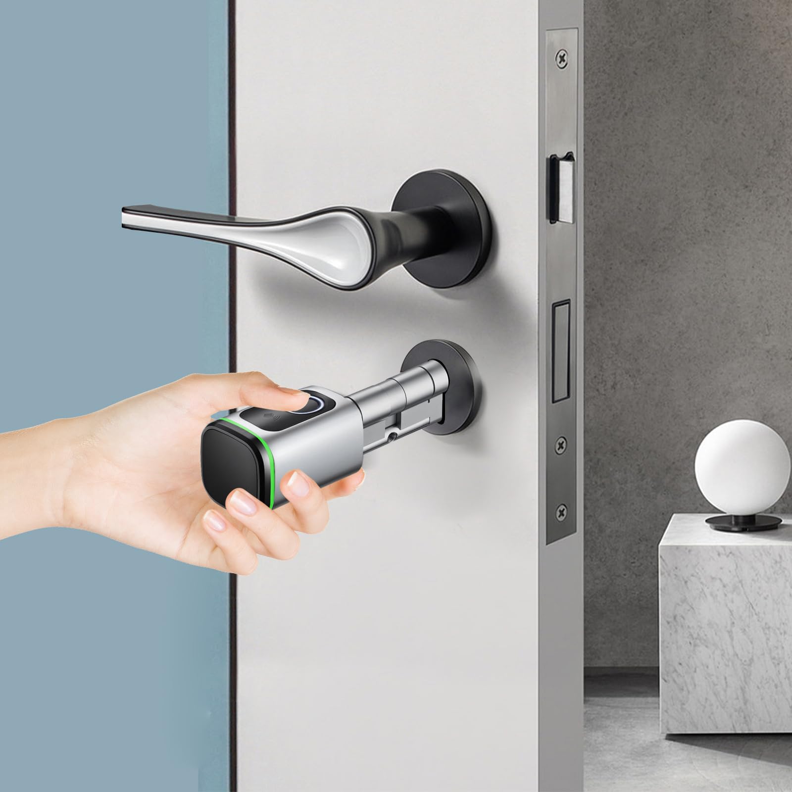 Türschloss Fingerabdruck, 60mm Smart Lock, Fingerprint Türschloss Zylinder Elektronisches Haustür mit Vier Arten der Öffnung, Elektronisches Türöffner Haustürschloss, Silber, für Wohnung, Hotel, Haus