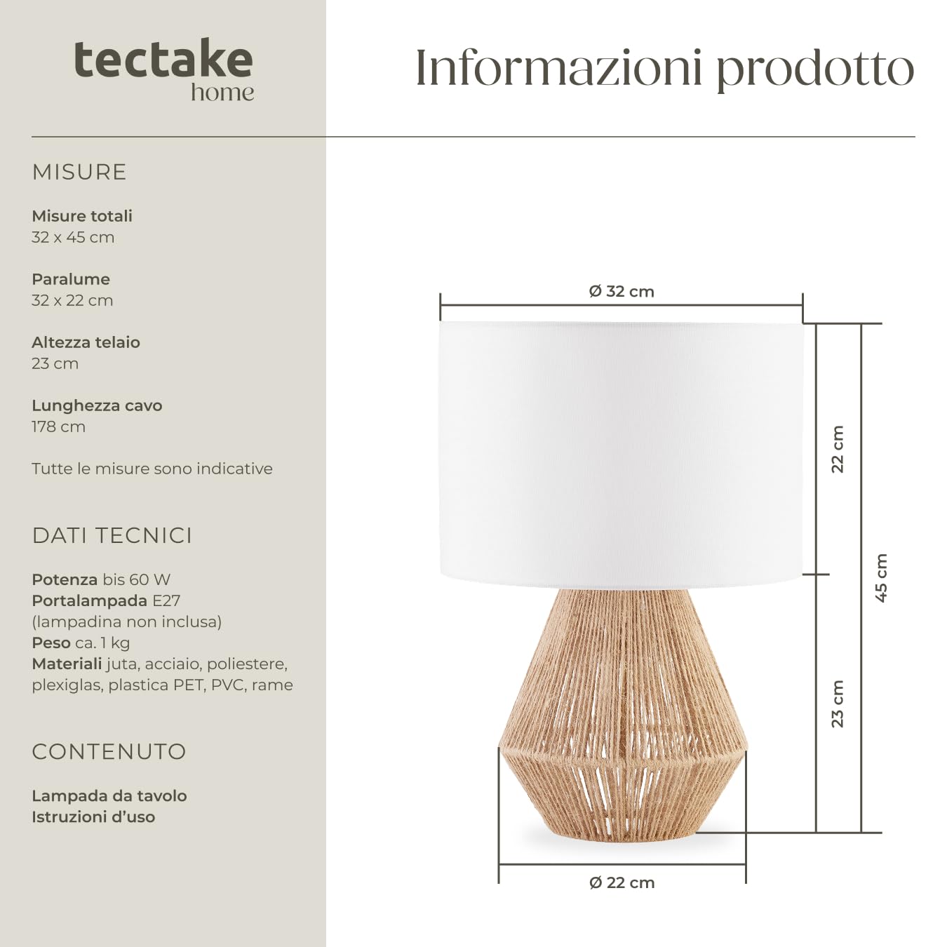tectake® Lampada Da Tavolo, Lampada Da Scrivania, Lampade da Comodino In Juta, Abat Jour con accenti Luminosi Stile Boho, 60W, E27, Paralume Struttura in Acciaio, Base In Cemento - Ø 32 x 45 cm