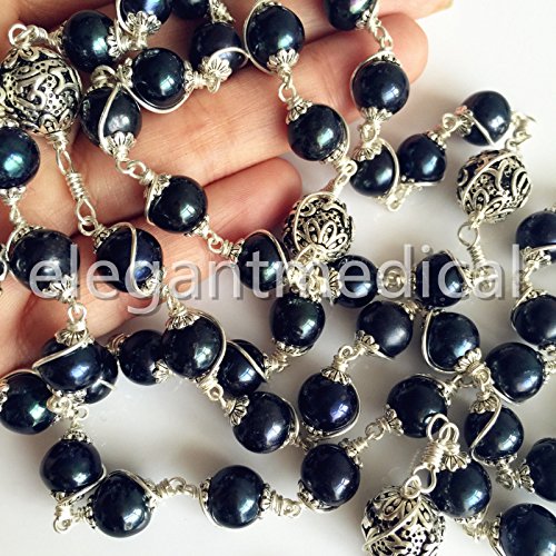 elegantmedical HANDMADE 10MM Black Pearl + Bali Sterling Silver Beads Catholic Rosary Cross Necklace box4