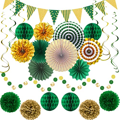 Image of Green Gold Party Decorations, Graduation Season Hanging Glitter Triangle Flags Banner Paper Fan Tissue Pom Poms Garlands, St. Patrick's Day, Bridal Shower, Green Master Golf Themed Birthday