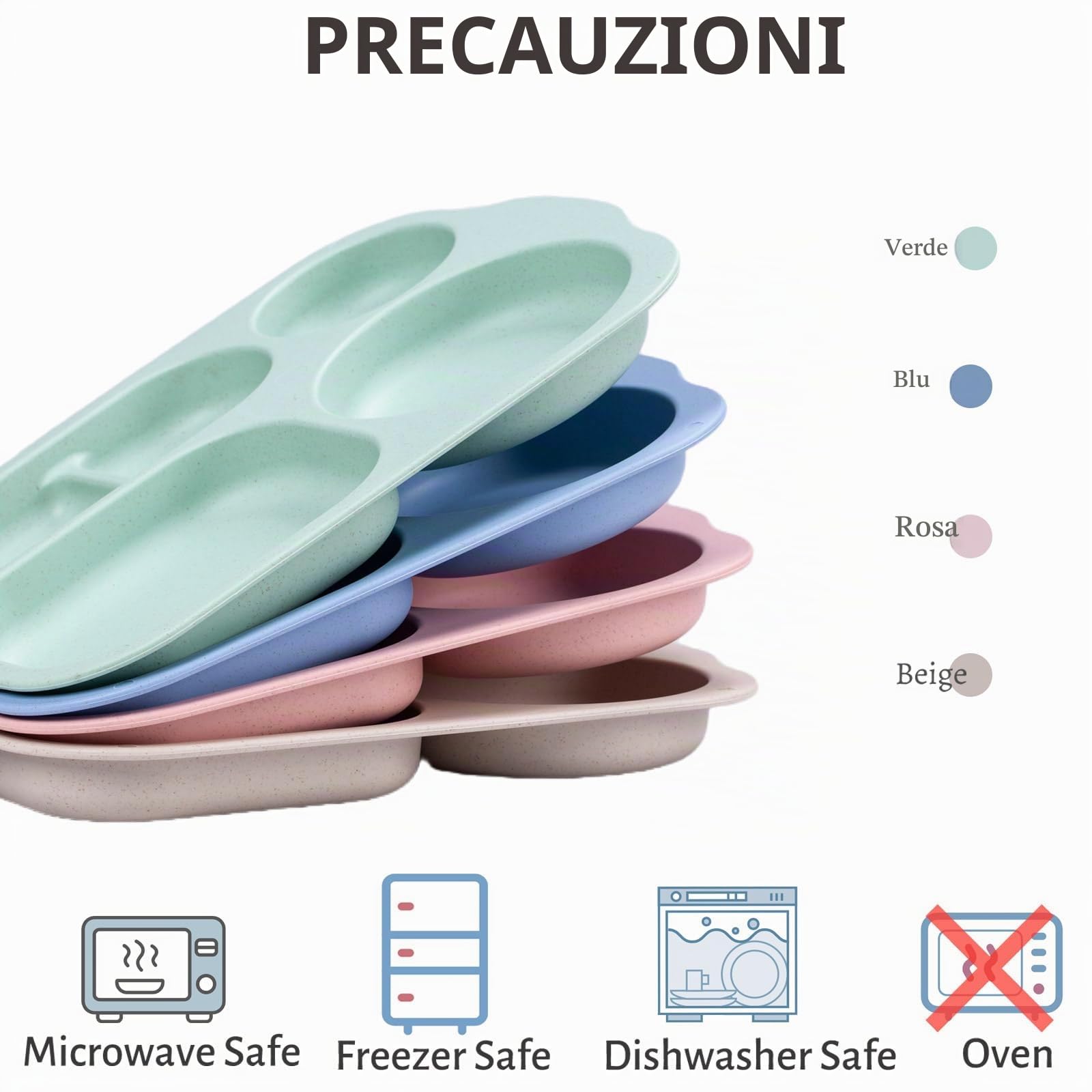 Vassoio Piatti Divisi 4 Scomparti Set 4 Pezzi, 30x21 cm | PP di Grado Alimentare senza BPA, Infrangibile e Lavastoviglie, Ideale per Campeggio e Uso Quotidiano