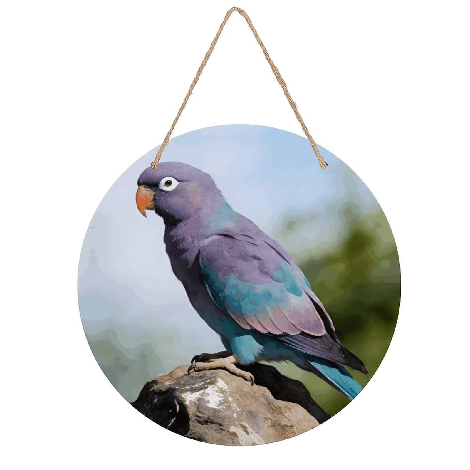 LZQPOEAS Parrot Round Wood Wall Art Painting, 7.9 Inch Circular Wooden Door Hanger Decorative Paintings, Rope-Hanging Wooden Wall Plaque for Home Decor And Office Party