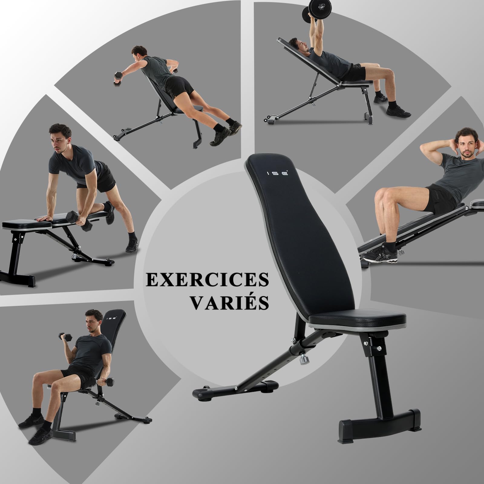 ISE Banc Musculation Pliable Complet Inclinable, Banc de Musculation Complet Pliable Multifonction, Banc Abdominaux&Bancs de Musculation 6 Positions Réglable(-25°-100°), Bench Musculation/Banc Muscu
