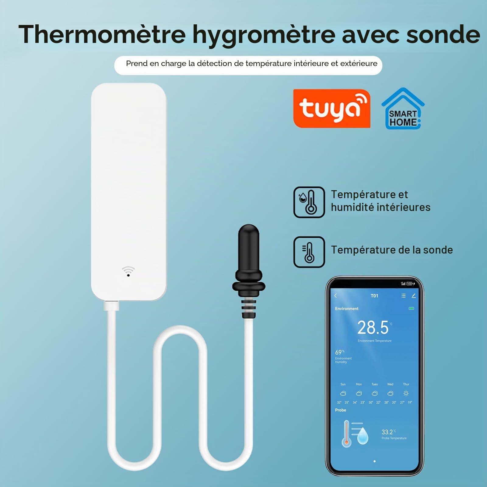 Lot de 4 thermomètres intelligents - Capteur de température WiFi avec sonde externe - Thermomètre de fonction météo - Hygromètre - Pour congélateur, aquarium, alarme d'application, moniteur à distance