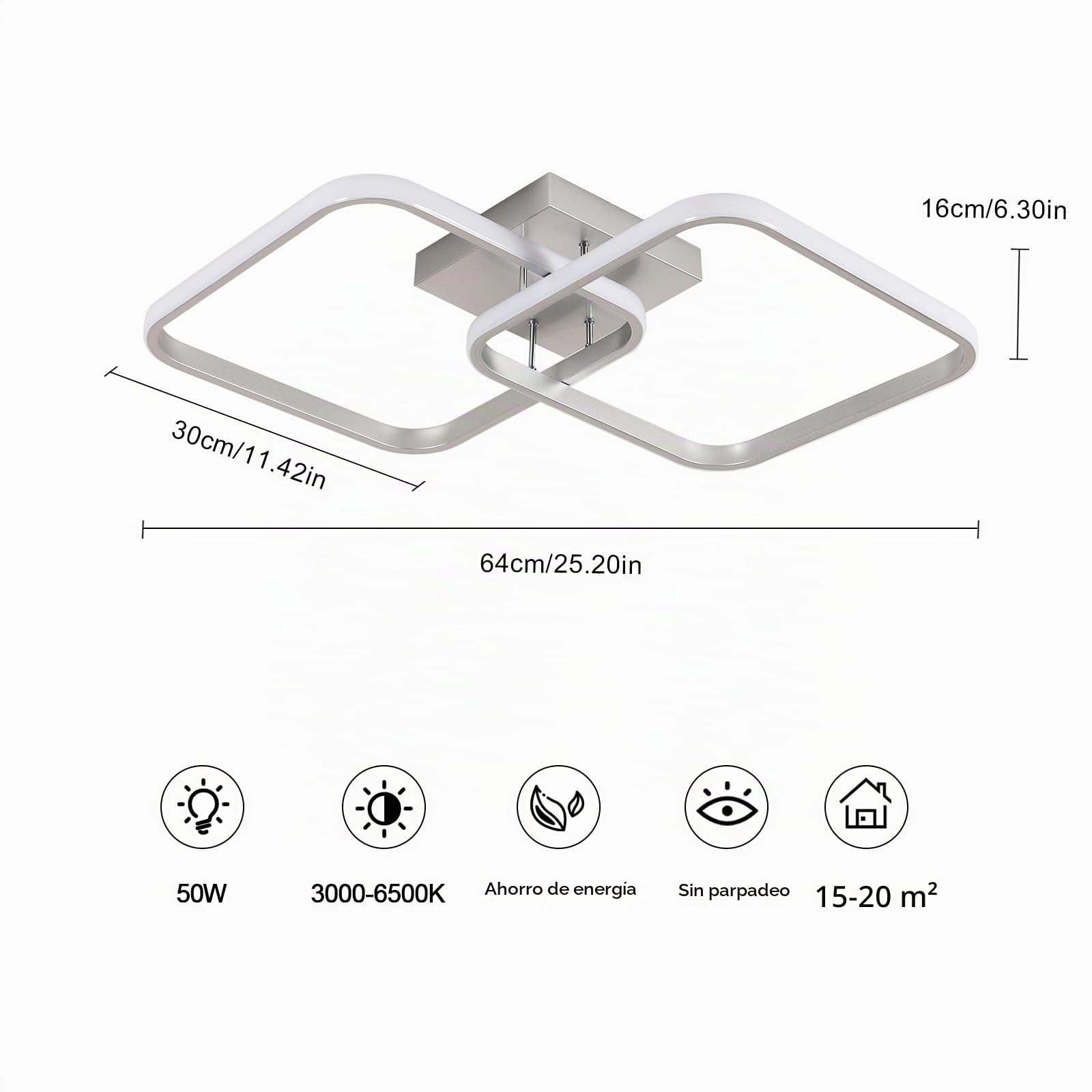 Osairous Lámpara de Techo Regulable 50W 5625LM, Plafon LED Techo con Mando a Distancia, 3000K-6500K, Luz de Techo LED Salon Plateado para Salón Dormitorio Cocina, 64CM