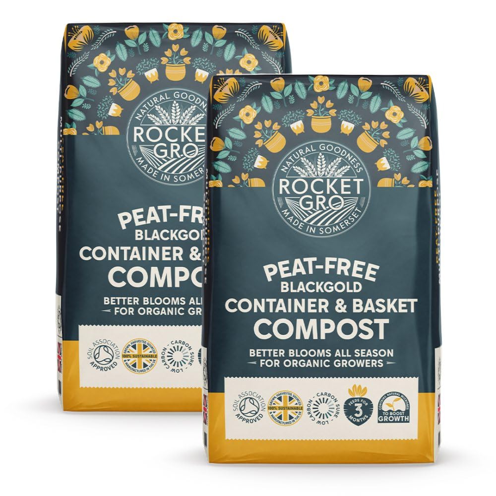 RocketGro BlackGold Container & Basket Compost - Organic, Peat-Free, Nutrient-Rich Planting Mix for Flowers and Vegetables - 3-Month Feed, Soil Association Approved - 2x 40 Litres By Thompson & Morgan