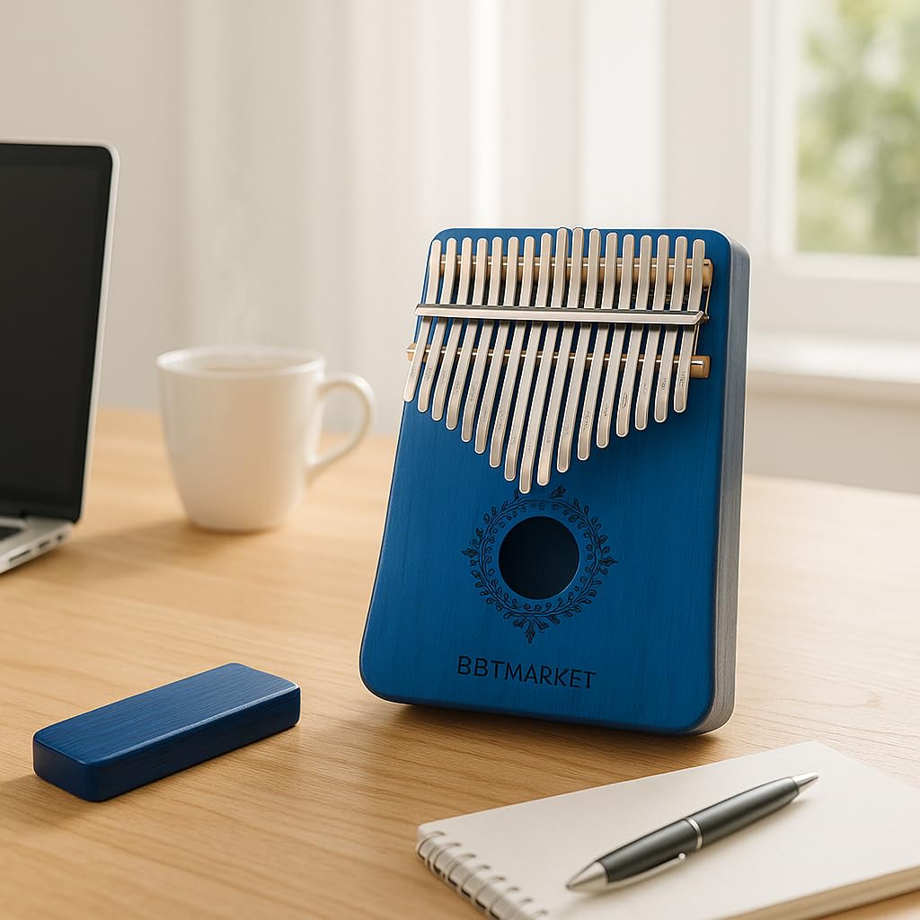 Kalimba 17 Tasten Daumenklavier aus Akazienholz – Thumb Piano Fingerinstrument – C-Dur – Tragbar, gestimmt, mit Notenprägung – Musikinstrument für Anfänger & Profis (Blau)
