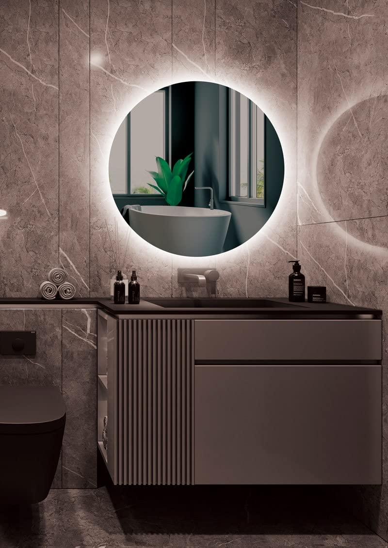 Mice - Espejo de Baño con Iluminación LED - Espejo Redondo, retroiluminado, luz fría, Doble Sensor, antivaho - Espejo de Pared - Espejo para Vestodor, Maquillaje, Centro Estetica - Ø 90CM