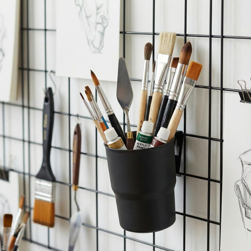 Kaforise15-Piece Wire Grid Panel Accessories Set, 10 Black Hanging Cups and 5 Stainless Steel Hooks, Wall Organizer for Art Supplies, Pen Holder, Vertical Garden Planter, Craft Room Storage