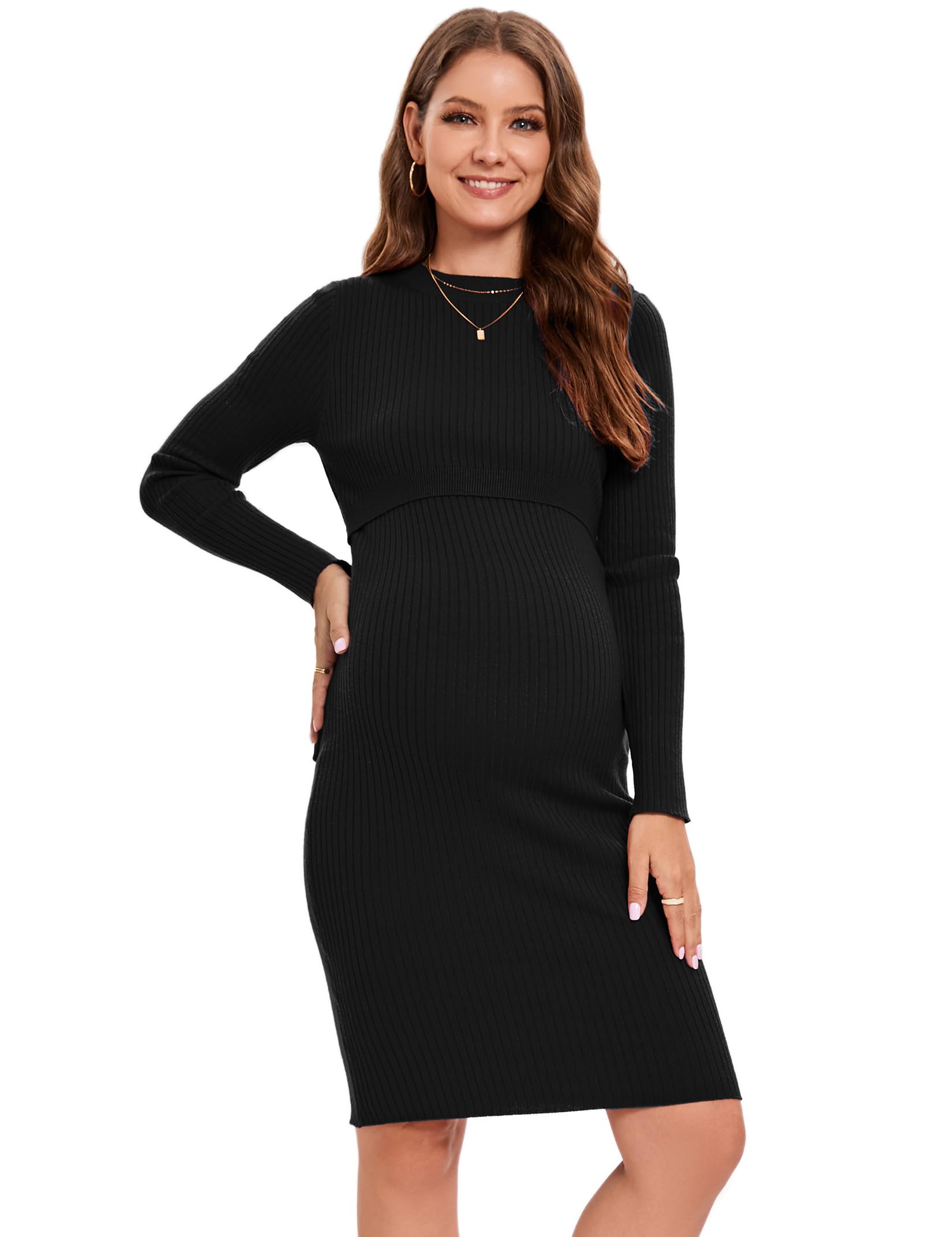 KOJOOIN Vestido de Maternidad Vestido de Lactancia Ajustado de Manga Larga con Cuello Redondo para Mujer Vestido de Punto hasta la Rodilla para Mujer Embarazada Vestido Midi de Embarazo
