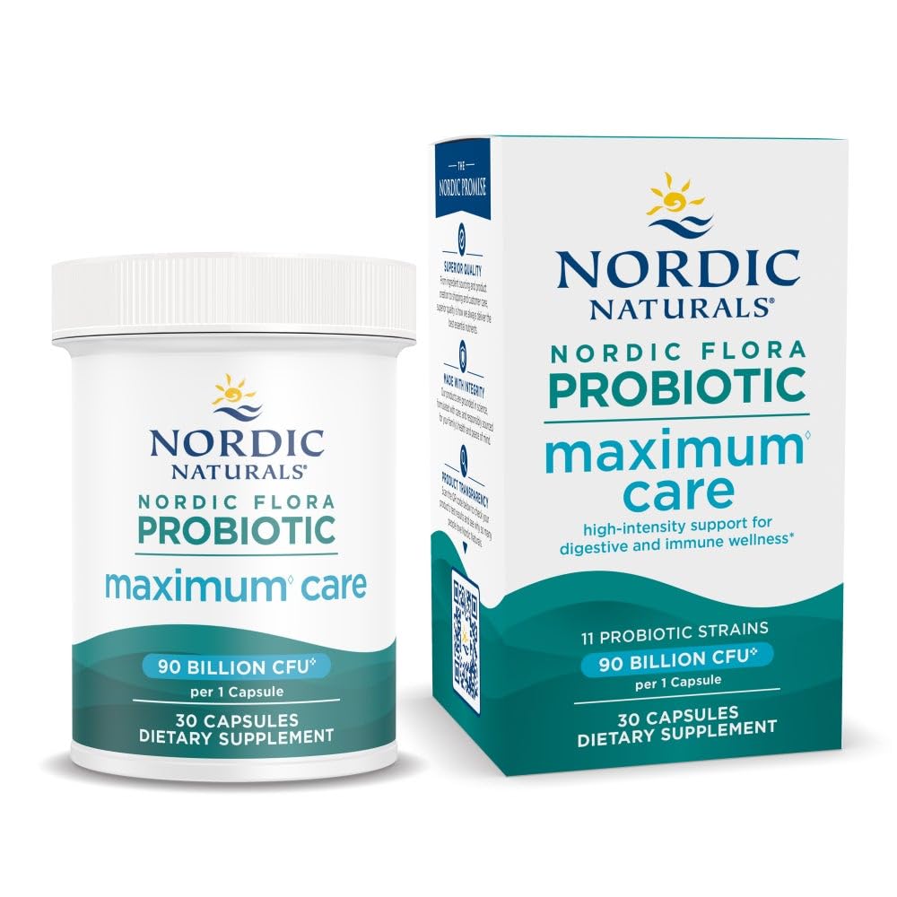 Nordic Naturals Nordic Flora Probiotic Maximum Care, 30 Capsules, 11 Probiotic Strains for Daily Immune and Digestive Health Support, Vegan, 30 Servings