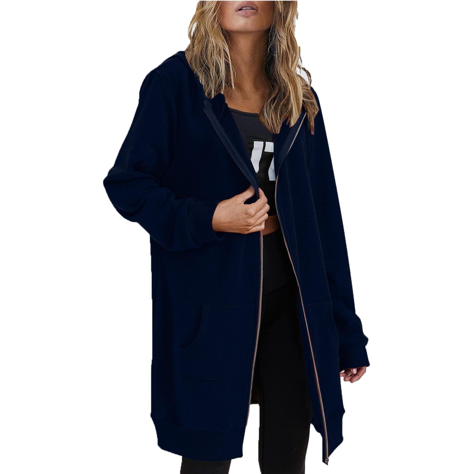 Womens Zip Up Hoodies Long Sleeve Hooded Lightweight Sweatshirt Oversized Fleece Jacket With Pockets Fall Clothes