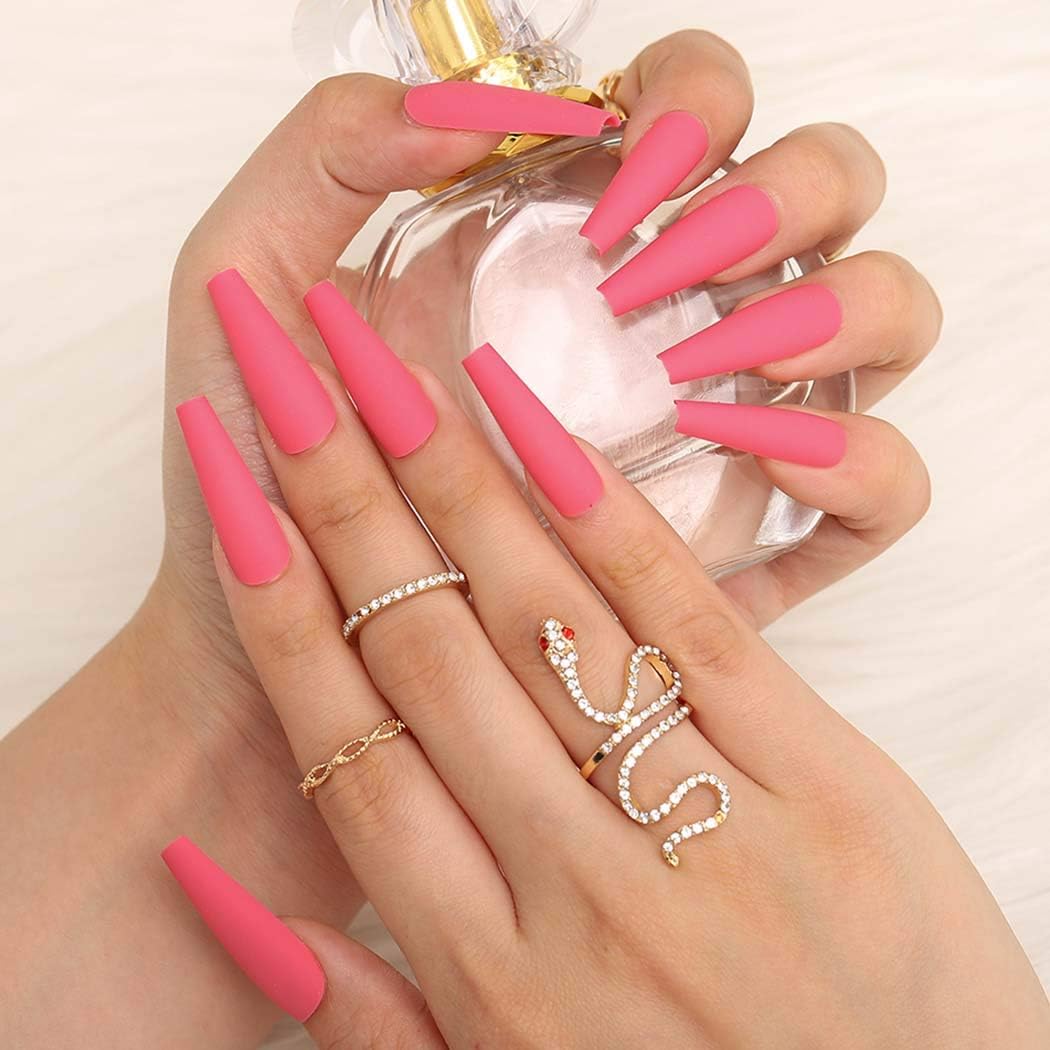 Bohend Long Coffin False Nails Matte Gradient Fake Nail Ballernia Party 24 Pcs Press on Nail for Women and Girls (Pink) - Image 3