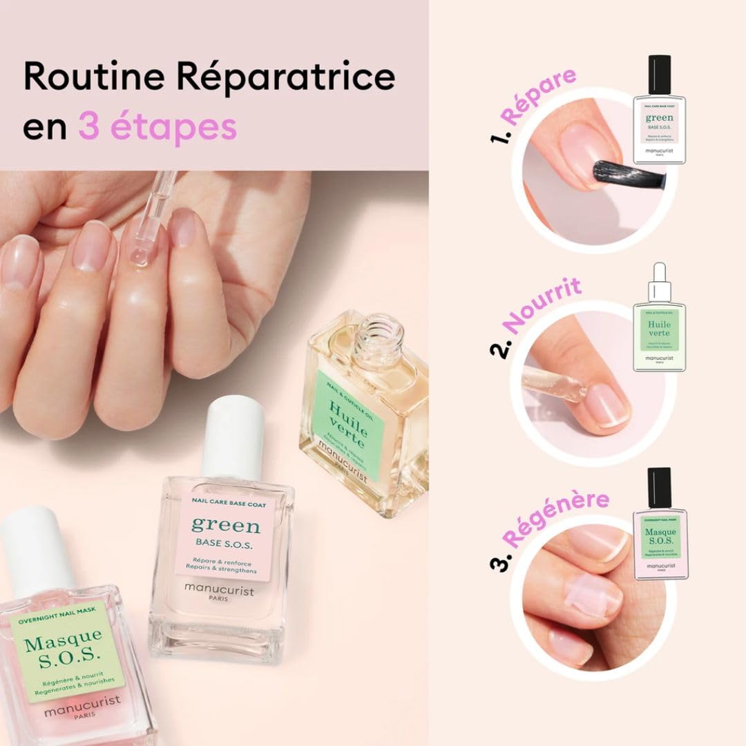 Manucurist Rescue Kit - Coffret Soins Ongles Abîmés : 1 Vernis Soin Ongle Base Traitante, 1 Masque de Nuit Réparateur, 1 Huile Cuticules Ongles - Made in France - Idee Cadeau Femme