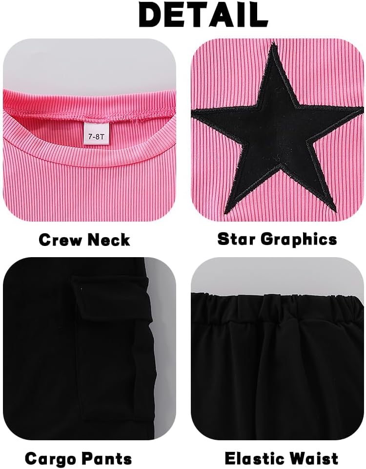 Tween Girls Clothes Ribbed Star Printed Shirt + Cargo Pants Sets Fall Outfits Sizes 7-16 Years - Image 6