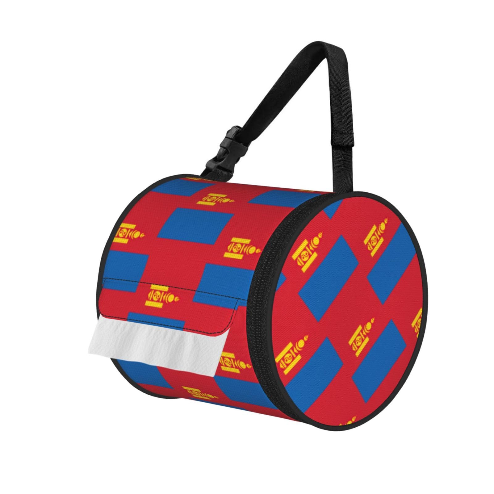 Mongolian Flag Print Round Tissue Dispenser Bag With Carry Strap, Portable Roll Holder For Car Travel Home