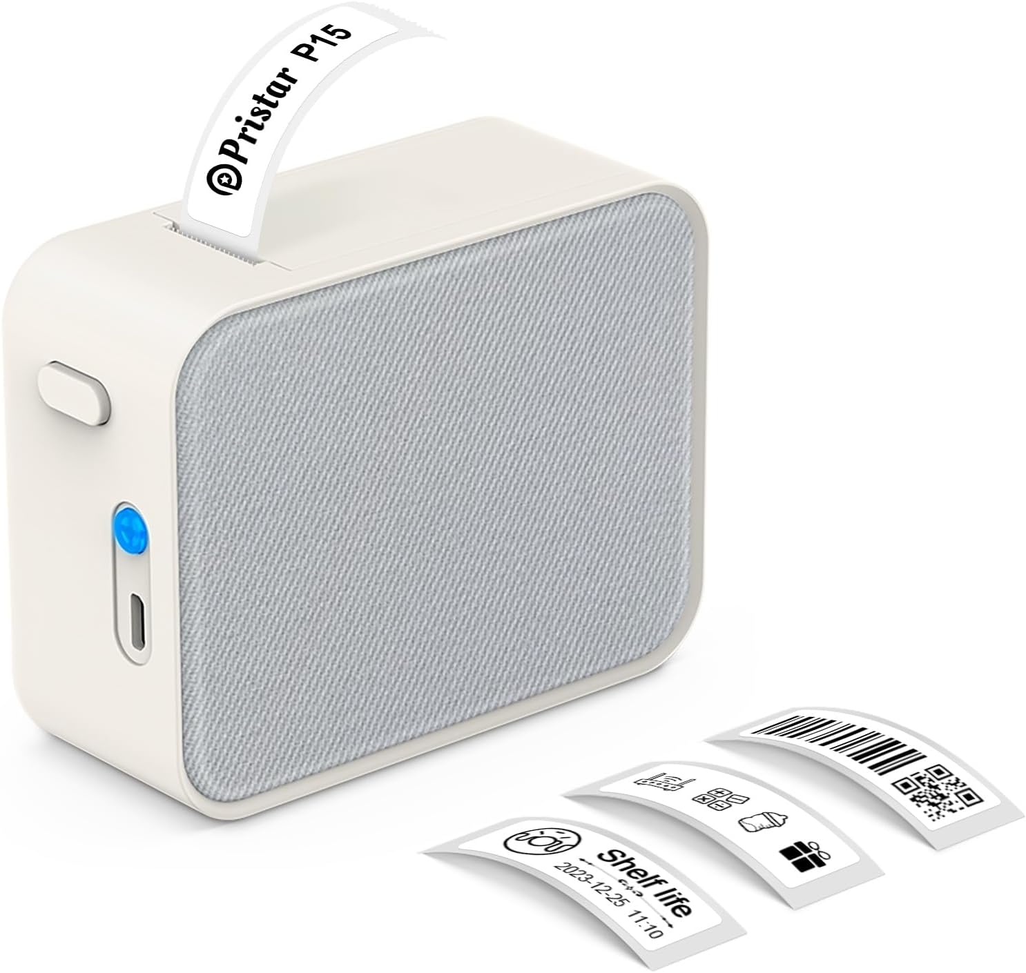 Pristar Label Maker Machine P15 Sticker Printer with One Roll Label Tape Compatible with iOS Android, Bluetooth Wireless Rechargeable Thermal Label Printer Maker for Home (Grey Fabric)