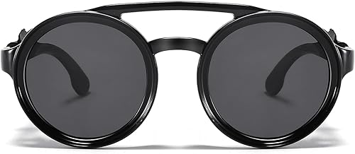 Miniatura 5 de MUDIWRLO Gafas de sol polarizadas redondas steampunk con cuero lateral doble puente escudo retro para hombres y mujeres