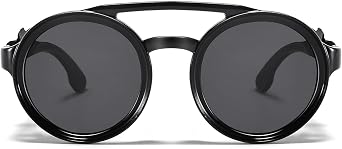 Polarized Round Steampunk Sunglasses with Leather Side Double Bridge Shield Retro Eyewear for Men Women