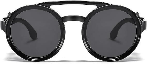 Polarized Round Steampunk Sunglasses with Leather Side Double Bridge Shield Retro Eyewear for Men Women