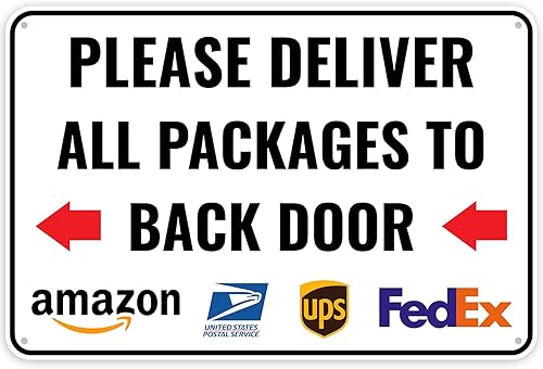 1 letrero de entrega para paquetes Please Deliver All Packages to Rear Door Left Flecha 12 x 8 pulgadas Aluminio Instrucciones de entrega para