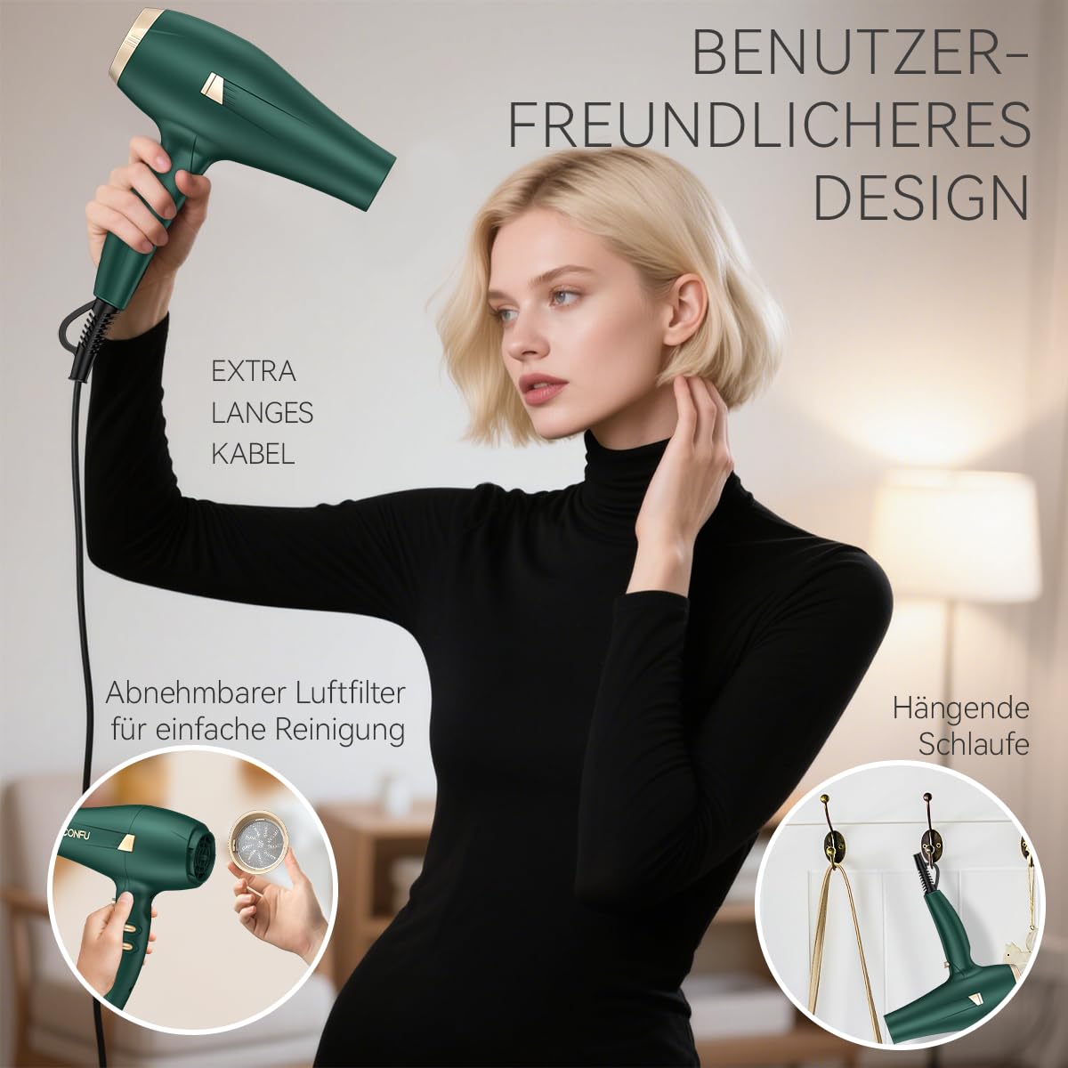 CONFU Föhn Ionen 2400W Haartrockner mit Diffusor, Professioneller Haarfön Schnelltrocknend, 3 Heiz- und 2 Geschwindigkeitsstufen für Hause Salon Reis