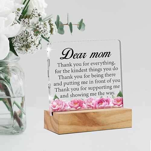 Miniatura 4 de Regalo de acrílico para mamá, regalo de decoración de escritorio, diseño floral de "Dear Mom Thank You", letrero decorativo de acrílico transparente