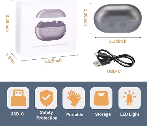 Miniatura 6 de Cortaúñas eléctrico, 3 en 1 con lima, chip automático de uñas con almacenamiento, luz LED recargable por USB, engranajes de 2 velocidades, kit de