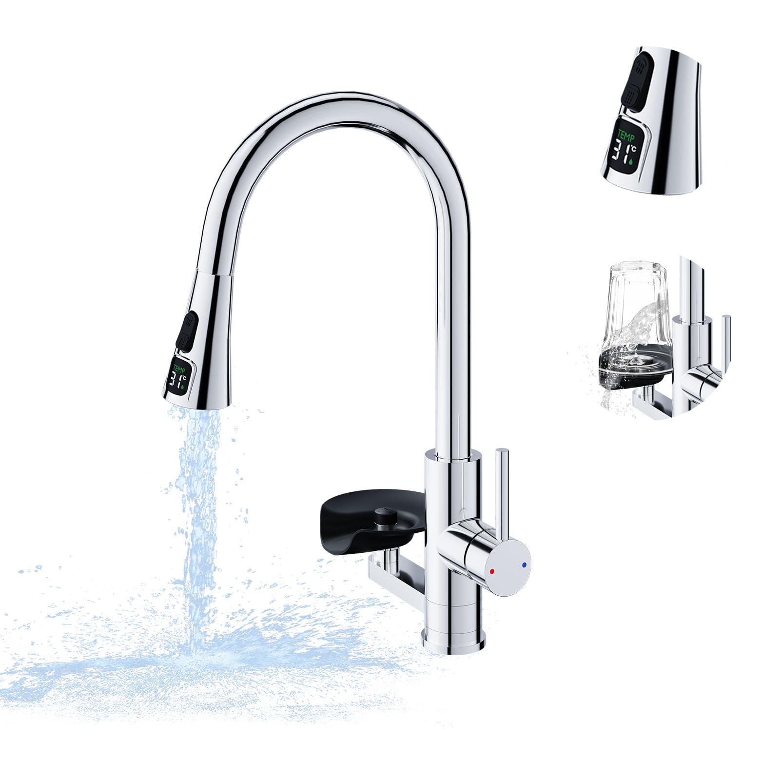 Robinet de Cuisine avec Lave-Verres, Mitigeur Cuisine Douchette Extensible 3 Modes, Affichage LED de la température de l'eau, 360°, Rotatif Acier Inoxydable 304 Brossé, Robinet Évier Multifonction