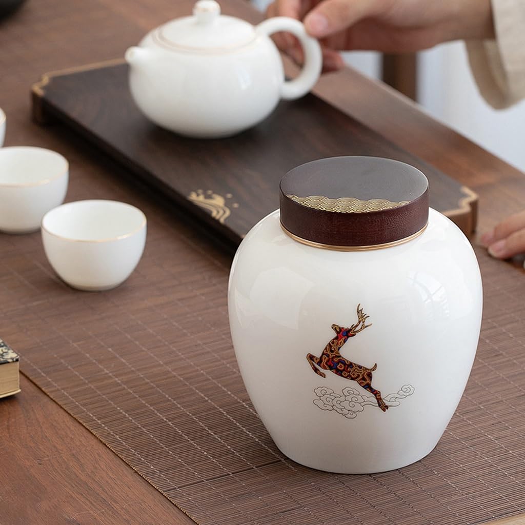 HLTYGWX Zestaw do herbaty Drewniana pokrywka Ceramiczna puszka na herbatę, zamknięta puszka na herbatę, chińska herbata odporna na wilgoć Puszka do przechowywania herbaty Słoik do przechowywania